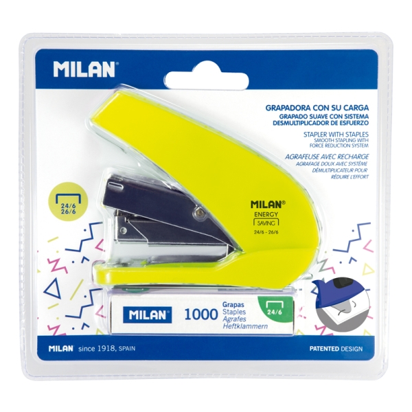 Milan Acid Energy Saving Grapadora Compacta - 1000 Grapas Incluidas - hasta 20 Hojas - Grapas 24/6 y 26/6 - Color Amarillo