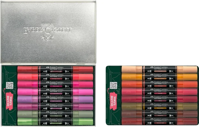Faber-Castell Multimark Acrylic Style It: Home Pack con 16 Rotuladores Acrilicos Doble Punta - Puntas Redondas de 1mm y 3mm - Tinta Acrilica a Base de Agua - Colores Surtidos