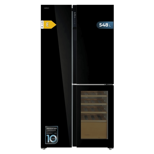 Cecotec Bolero CoolMarket TDW 548 Black Glass E Frigorifico Americano con Vinoteca - 548L - Compresor Inverter - Modo Vacaciones - Puerta de Cristal - Frio Envolvente - 91.1x70.6x183cm - Col