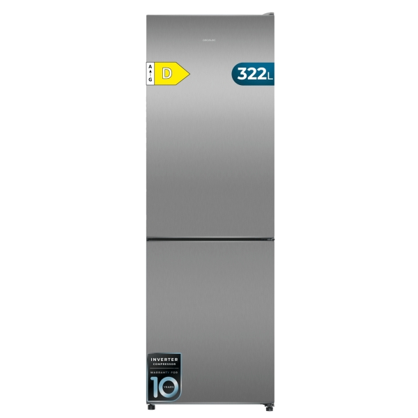 Cecotec Bolero CoolMarket Combi 322i Inox D Frigorifico Combi - Capacidad 322L - Luz LED - Temperatura Regulable - Acero Inoxidable - Total Nofrost - Frio Envolvente - 59.5x185.5cm - Color A