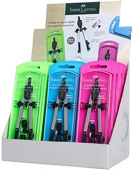 Faber-Castell Expositor de 15 Compases de Ajuste con Tornillo Central - Articulaciones en ambos Brazos - Adaptador Universal - Bote con Minas
