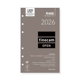 Finocam R498 Recambio Anual 2026 para Agendas Open 2026 - Formato 400 - 91x16x152mm - 1 Dia por Pagina - Color Blanco