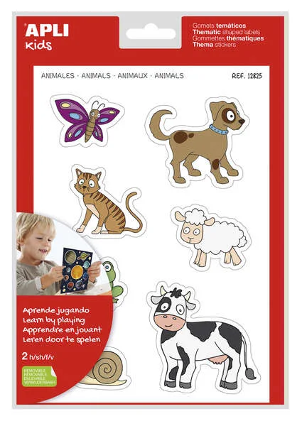 Apli Gomets Tematicos Animales xL - 28 Gomets en 2 Hojas A4 - Desarrollados con Educadores - Adhesivo Removible - Tamaño xL sin Borde - Adhesivo Base Agua - Libre de Disolventes - Coloridos
