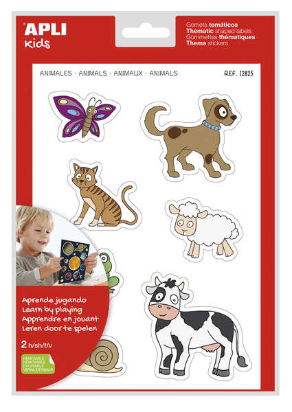 Apli Gomets Tematicos Animales xL - 28 Gomets en 2 Hojas A4 - Desarrollados con Educadores - Adhesivo Removible - Tamaño xL sin Borde - Adhesivo Base Agua - Libre de Disolventes - Coloridos