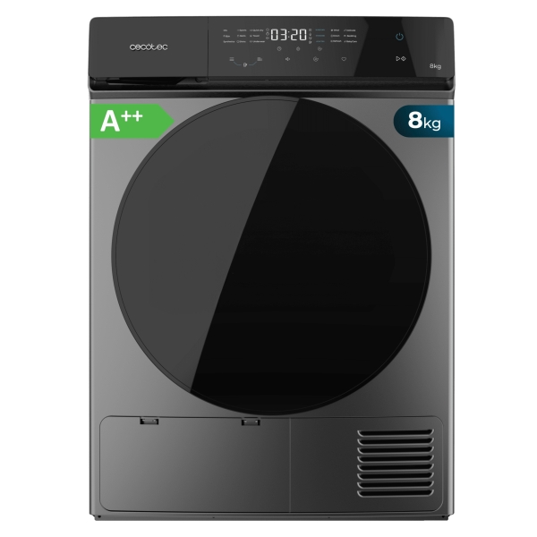 Cecotec Bolero DressCode Dry 8400 Steel Max Secadora con Bomba de Calor de 8kg - 15 Programas Multifuncion - Tambor de Acero Inoxidable - Bloqueo de Seguridad - 60x64x85cm - Color Gris y Neg