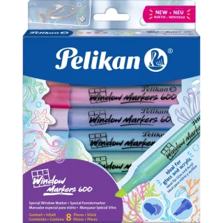 Pelikan Window Marker 600 Pack de 8 Marcadores para Superficies Lisas - Punta Biselada con 3 Grosores - Ideal para Uso en Cristales, Acrilicos, Latex y otras Superficies Lisas - Colores Surt