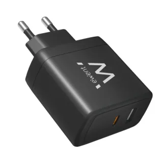 Ewent EW1330 Cargador GaN Universal de Pared 65W Ultrarapido - 1x USB-C PD 3.0 & PPS, 1x USB-A QC 3.0 - Color Negro