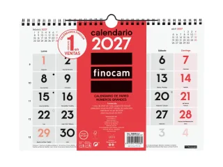 Finocam Neutro Calendario de Pared - Anual 2027 - Mes Vista - Formato M - 300x210mm - Espiral Doble - Papel de 120g/m2 - Numeros Grandes - Color Rojo y Blanco