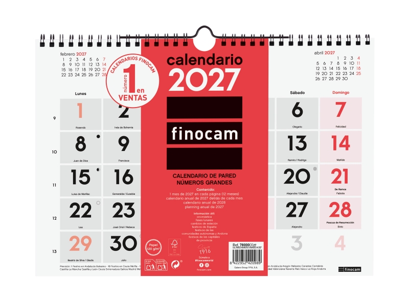 Finocam Neutro Calendario de Pared - Anual 2027 - Mes Vista - Formato M - 300x210mm - Espiral Doble - Papel de 120g/m2 - Numeros Grandes - Color Rojo y Blanco