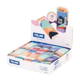 Milan The Fun Nata 320 Expositor con 20 Goma de Borrar Rectangular - Caucho Sintetico - Envuelta Individualmente - Faja y Goma de Varios Colores