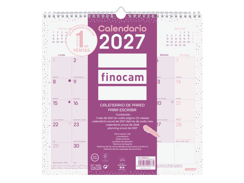 Finocam Chic Calendario de Pared - Anual 2027 - Mes Vista - 300x300mm - Espiral Doble - Papel de 120g/m2 - Espacio para Escribir - Color Morado