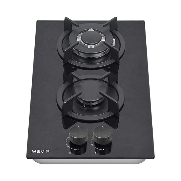 Muvip MV0627 Cocina de Gas Encastrable - 2 Zonas de Coccion de 26cm - Quemador y Soportes de Hierro Fundido - Cristal Templado de Alta Resistencia - Sistema de Encendido Electrico - Disposit