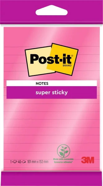 Post-It Super Sticky Bloc de 45 Notas Adhesivas Reposicionables - Forma Rectangular - 101x152mm - Color Rosa