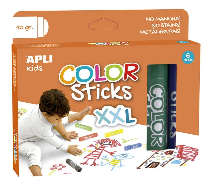 Apli Color Sticks xxl Temperas Solidas - Pack 6 Unidades de 40g - Tamaño xxl para Murales - Acabado Satinado sin Necesidad de Barniz - Secado Rapido en Menos de 3 Minutos - Efecto Cera o Tempera Segun la Presion