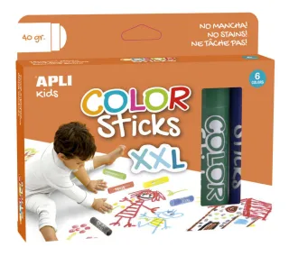 Apli Color Sticks xxl Temperas Solidas - Pack 6 Unidades de 40g - Tamaño xxl para Murales - Acabado Satinado sin Necesidad de Barniz - Secado Rapido en Menos de 3 Minutos - Efecto Cera o Tem