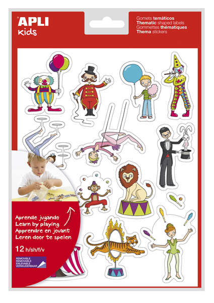 Apli Bolsa de Gomets Tematicos el Circo - 168 Gomets en 12 Hojas - Adhesivo Removible - Ideal para Escuelas - Adhesivo Base Agua - Libre de Disolventes - Divertidas Ilustraciones - Colorido