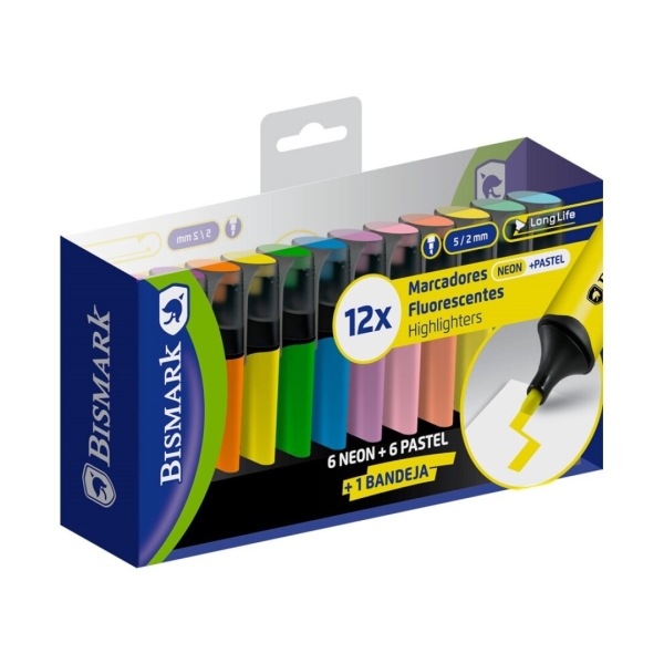 Bismark Long-Life Pack de 12 Marcadores Fluorescentes - Punta Biselada 2 - 5mm Aprox - Tinta Base de Agua - Larga Duracion - Colores Neon y Pastel Surtidos