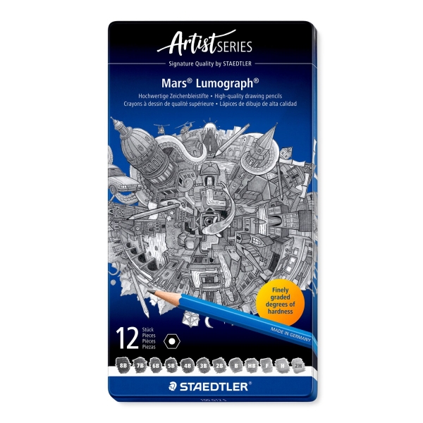 Staedtler Mars Lumograph 100 Caja Metalica con 12 Lapices de Grafito de Graduaciones 8B, 7B, 6B, 5B, 4B, 3B, 2B, B, HB, F, H, 2H - Alta Resistencia a la Rotura - Madera de Bosques Certificad
