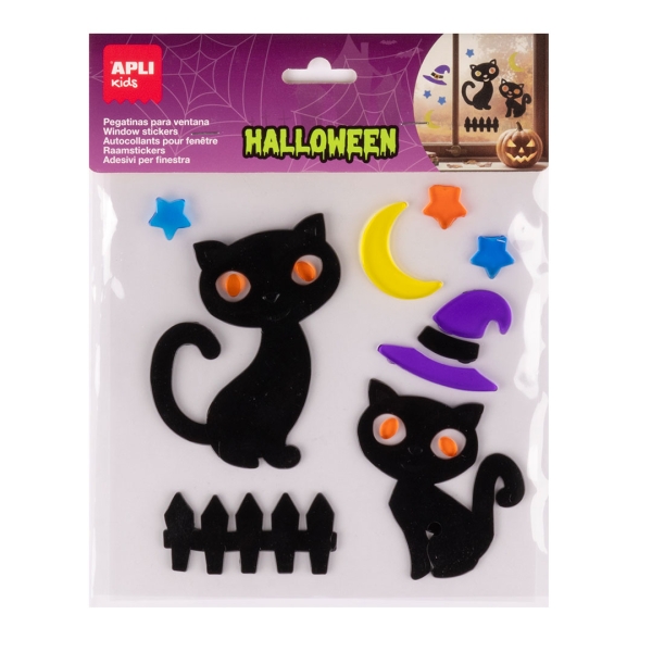 Apli Kids Pack con 10 Pegatinas Jelly de Halloween para Ventanas, Cristales, Espejos etc.. - Diseño Gatos Negros - Reposicionables - Textura Suave y Flexible - No dejan Residuos
