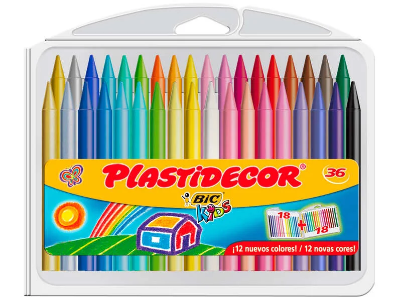 Bic Kids Plastidecor Caja de 36 Lapices de Cera - Extraresistentes - Facil de Sacar Punta - No Mancha