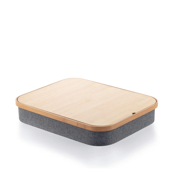 Innovagoods Larage Soporte para Portatil - Multifuncion - Bandeja de Almacenaje - Correa Interior de Sujecion - 40.5x33x6.5cm - Color Madera y Gris