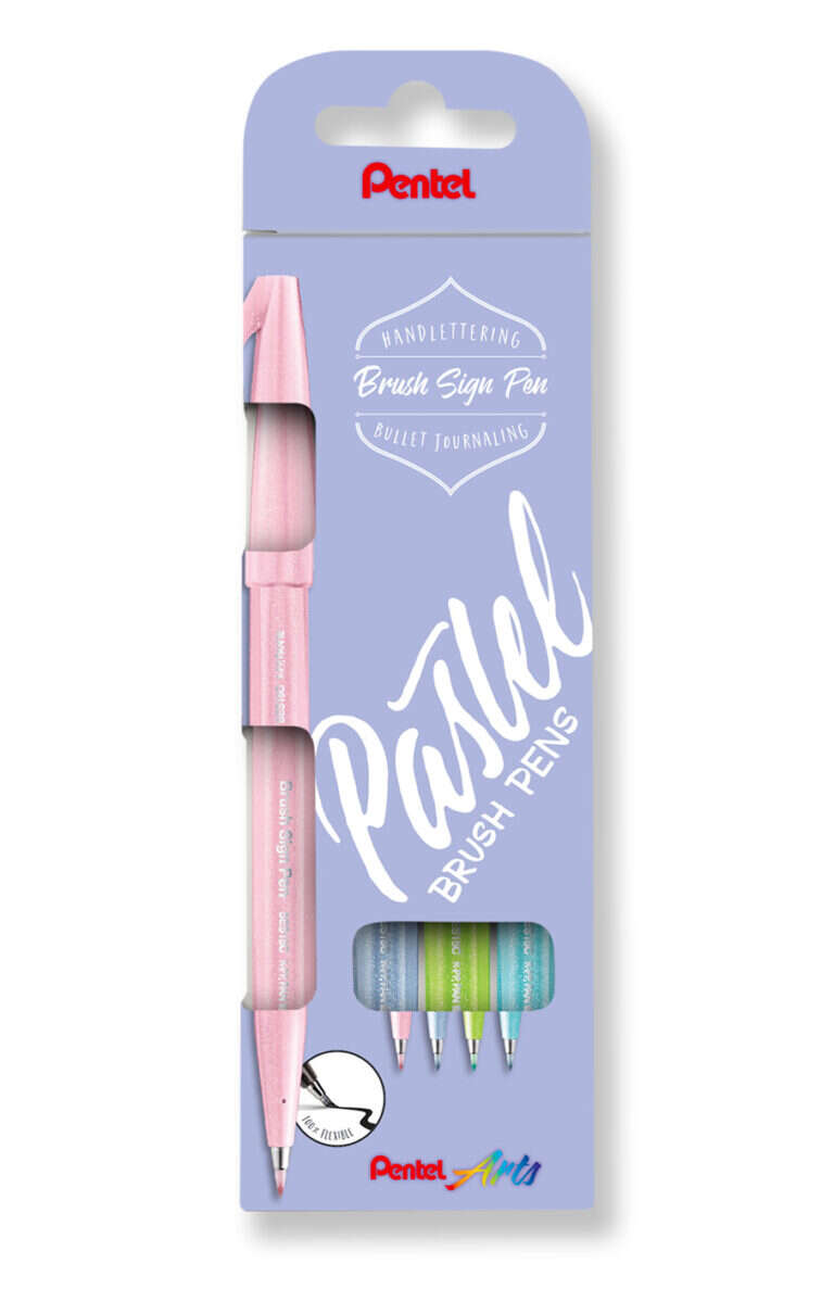 Pentel Brush Sing Pen Pastel Pack de 4 Rotuladores con Punta de Pincel - Lineas Finas o Gruesas dependiendo de la Presion - Fabricados con 81% de Plasticos Recicldos - Colores Azul Grisaceo,