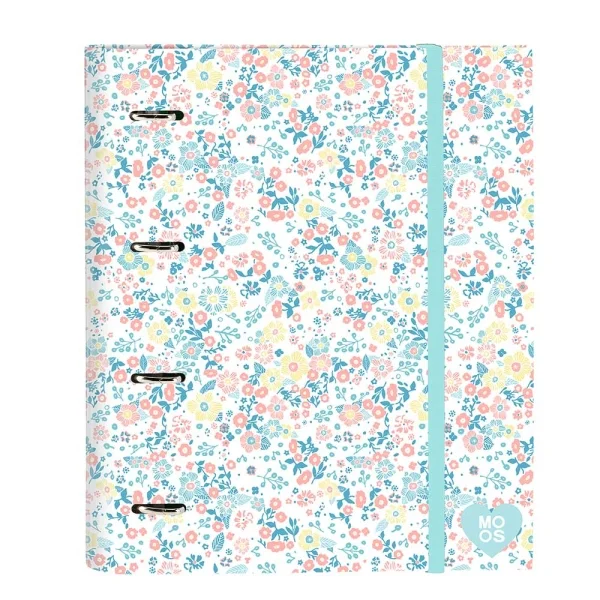 Safta Moos Fiori Carpeta con 4 Anillas 35mm - Tapas Duras Forradas - Recambio 100 Hojas - Cuadriculas 5x5mm - Cierre Elastico - 270x35x320mm - Color Blanco