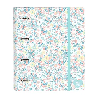 Safta Moos Fiori Carpeta con 4 Anillas 35mm - Tapas Duras Forradas - Recambio 100 Hojas - Cuadriculas 5x5mm - Cierre Elastico - 270x35x320mm - Color Blanco