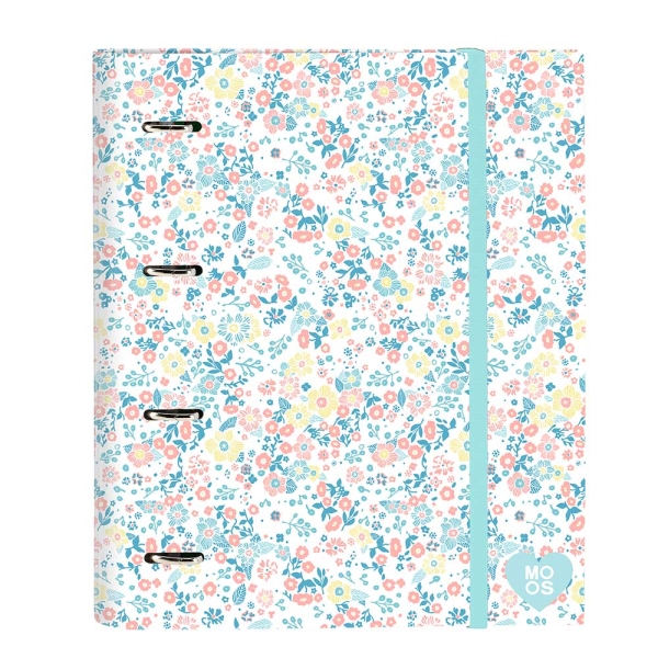 Safta Moos Fiori Carpeta con 4 Anillas 35mm - Tapas Duras Forradas - Recambio 100 Hojas - Cuadriculas 5x5mm - Cierre Elastico - 270x35x320mm - Color Blanco