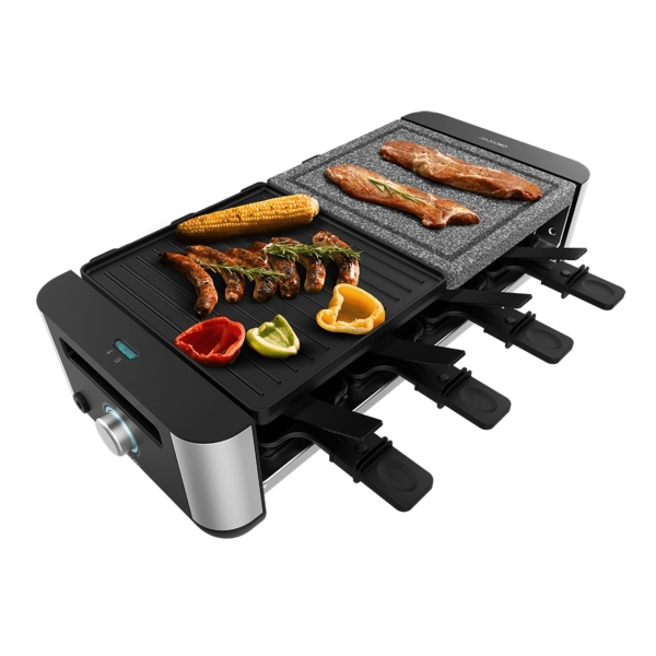 Cecotec Cheese and Grill 16000 Inox MixGrill Raclette - 1400W - Superficie Reversible de 20x22cm - Termostato - 8 Sartenes Antiadherentes - Espatulas de Madera - Apto Lavavajillas - Color Ne