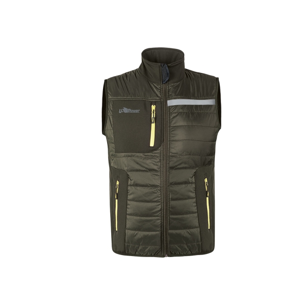 Upower Wall Chaleco de Trabajo con Relleno en Grafeno - Talla 2XL - Termorregulador, Repelente al Agua, Bacteriostatico, Multibolsillos, Ajuste Optimo con Softshell - Color Verde Oscuro