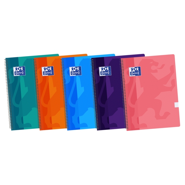 Oxford School Classic Cuaderno Espiral Tamaño Folio Cuadricula 4x4mm - 80 Hojas - Tapa de Plastico - Colores Surtidos · Pack de 5 uds.