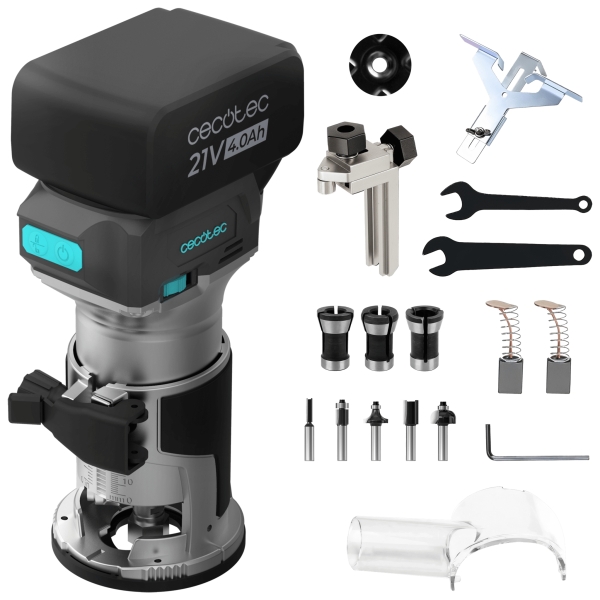 Cecotec MultiShape 2000 Liberty Fresadora de Mano Inalambrica - Bateria 21V 4Ah - Sistema de Extraccion de Polvo - Incluye Accesorios - Cabezales Incluidos - Color Acero