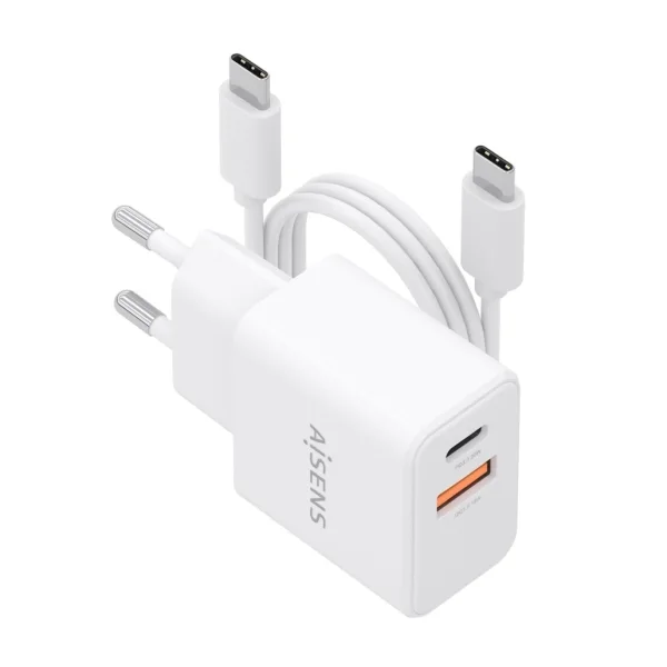 Aisens Cargador Gan 20W - 1xUSB-C PD3.0 - 1xUSB-A QC3.0 - Cable USB-C 1m - Color Blanco