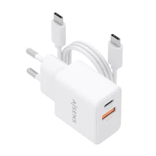 Aisens Cargador Gan 20W - 1xUSB-C PD3.0 - 1xUSB-A QC3.0 - Cable USB-C 1m - Color Blanco
