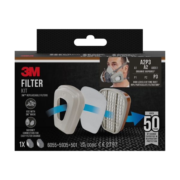 3M Filtros de Repuesto para Mascara de Media Cara - Proteccion Contra Vapores Organicos A2 - Proteccion Contra Altos Niveles de Particulas P3 - Color Gris
