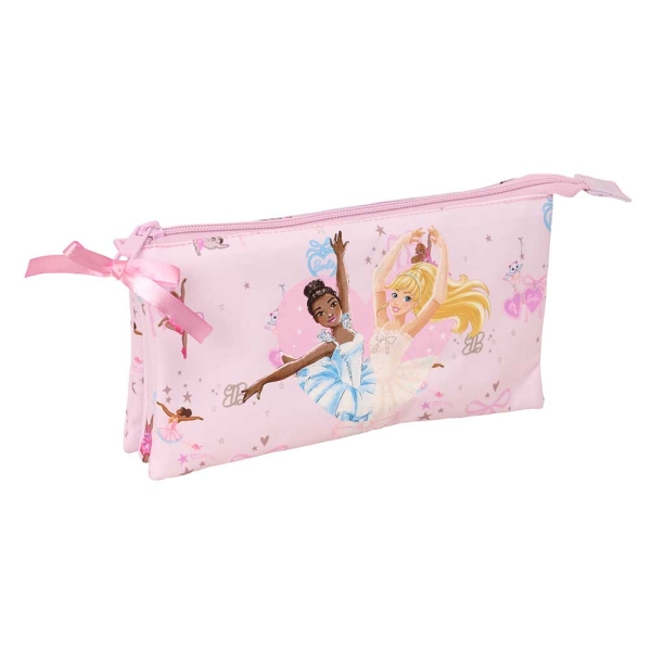 Safta Barbie Ballet Portatodo - 3 Compartimentos con Cremallera - Bolsillo Interior Central - 22x12x3cm - Color Rosa