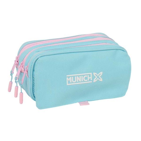 Safta Munich Sky Portatodo - 3 Compartimentos con Cremallera - Cinta Trasera Adaptable - Bolsillo Frontal de Rejilla con Velcro - 21.5x10x8cm - Color Azul Pastel