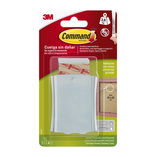 Command Universal Soporte Adhesivo con Clavo para Colgar - 4 Tiras Adhesivas - Extragrande - Soporta hasta 3.6kg - Color Gris Metalizado