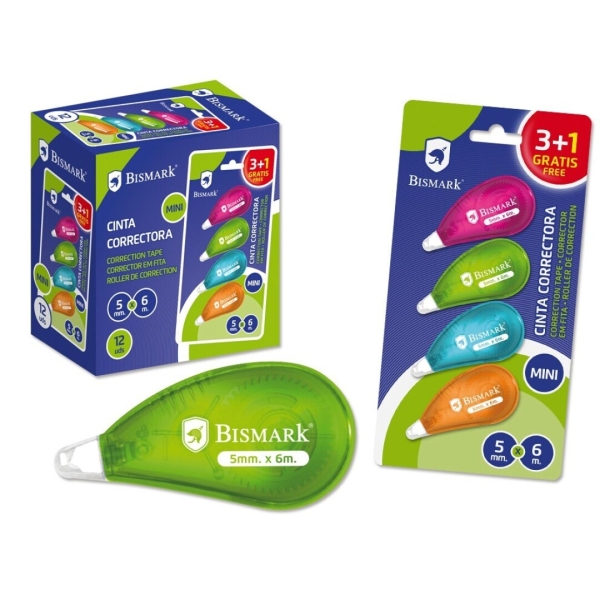 Bismark Neon Pack de 4 Mini Cintas Correctoras 5mmx6m - Perfecta Adherencia al Papel - Presentacion en Blister - Cuerpo de Colores Surtidos · Pack de 12 uds.
