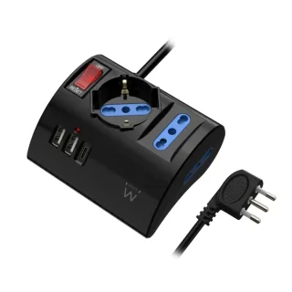 Ewent Regleta con 6 Tomas de Sobremesa - 2 Tomas L + 1 Toma L/F (Schuko) - 2x USB-A - 1x USB-C - Enchufe Italiano Plano en Angulo - Interruptor On/Off - Cable de 1.5m - Color Negro