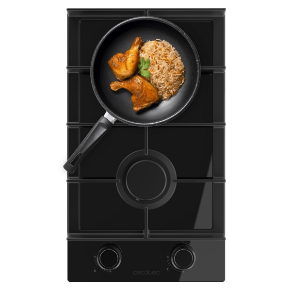Cecotec Bolero Squad G 2400F Glass Black Cocina de Gas Encastrable - 2 Quemadores - Acabado en Cristal Negro - 5.2kW - Parrillas de Hierro Fundido - Wok de Triple Corona - Color Negro