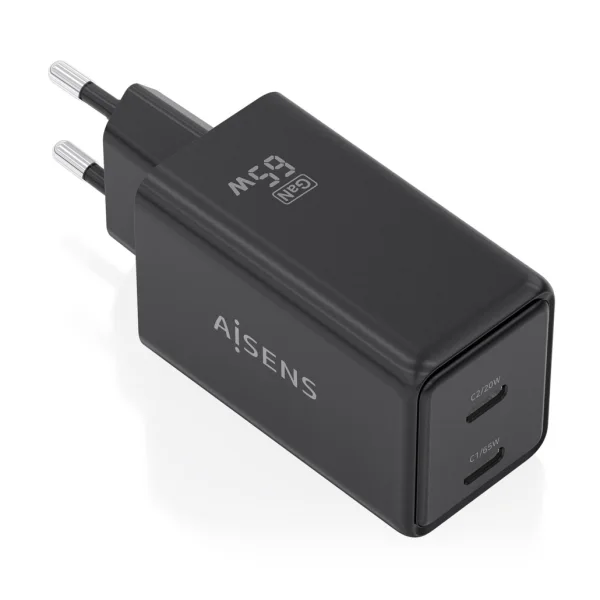 Aisens Cargador GaN 65W - 2xUSB-C PD3.0 QC4.0 - Tecnologia AI - Color Negro