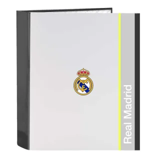 Safta Real Madrid Carpeta de 4 Anillas - Tapas Duras Forradas - Lomo de 60mm - Formato Folio - 27x33x6cm - Color Blanco y Negro