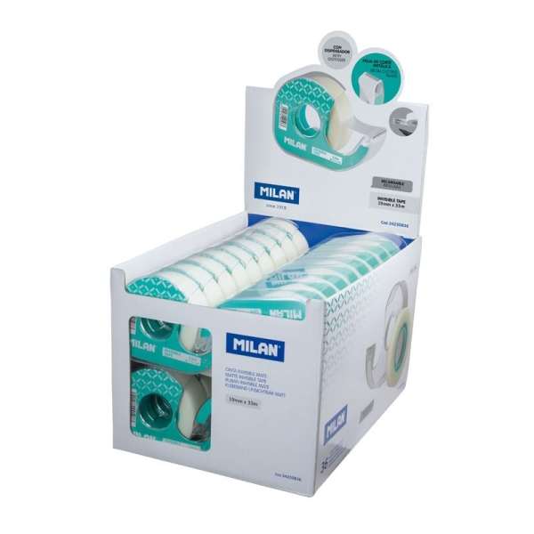 Milan Expositor de 36 Cintas Adhesivas Invisibles con Dispensador - Medidas 19mm x 33m - Color Transparente Mate