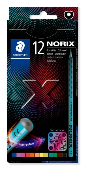 Staedtler Norix 186 Pack de 12 Lapices de Colores HB - Madera Negra - Mina de Grafito - Diseño Inteligente - Para Escribir, Dibujar y hacer Bocetos