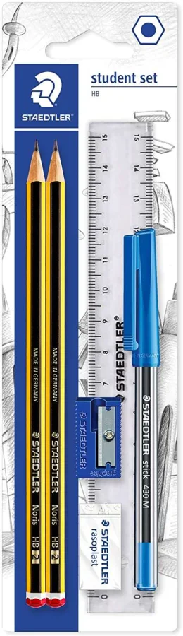 Staedtler Pack de 2 Lapices Noris de Grafito Hexagonales 2HB + 1 Boligrafo Stick 430 Azul + 1 Goma de Borrar + 1 Sacapuntas +1 Regla