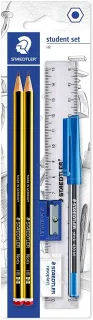 Staedtler Pack de 2 Lapices Noris de Grafito Hexagonales 2HB + 1 Boligrafo Stick 430 Azul + 1 Goma de Borrar + 1 Sacapuntas +1 Regla