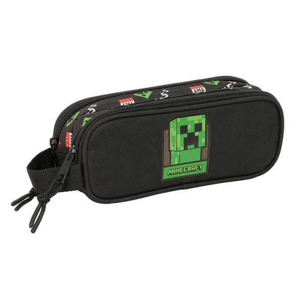 Safta Minecraft Portatodo - 2 Compartimentos con Cremalleras - Asa Lateral - 1L - 210x60x80mm - Color Negro