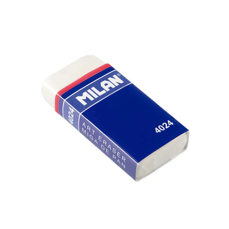 Milan 4024 Goma de Borrar Rectangular - Miga de Pan Flexible - Caucho Sintetico - Faja de Carton Azul - Envuelta Individualmente - Color Blanco · Pack de 10 uds.